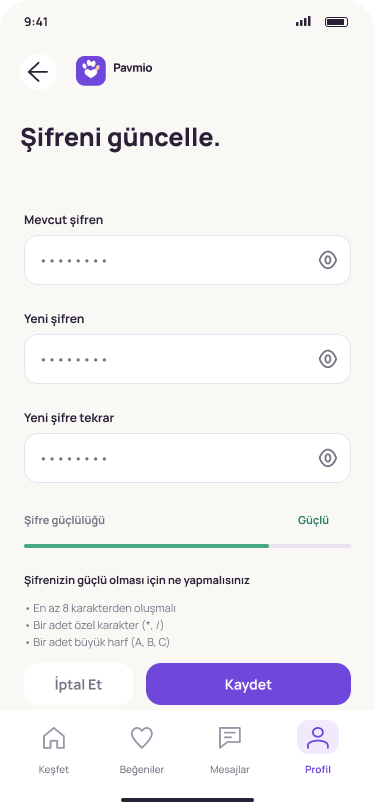 Pavmio Şifre değiştir ekranı
