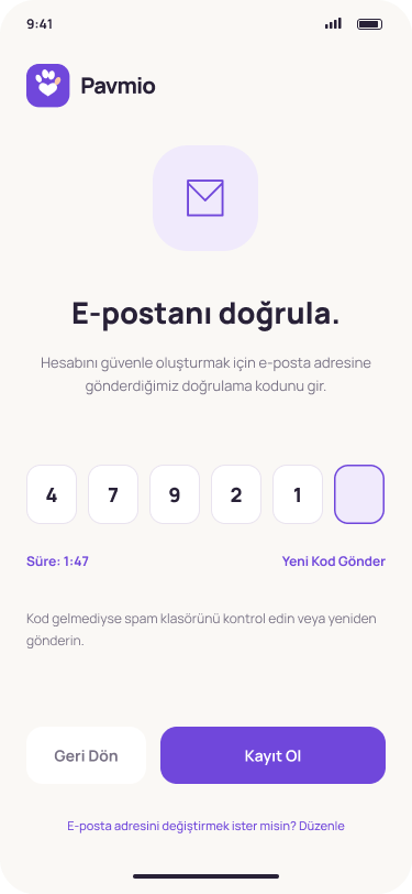 Pavmio E-posta doğrulama ekranı