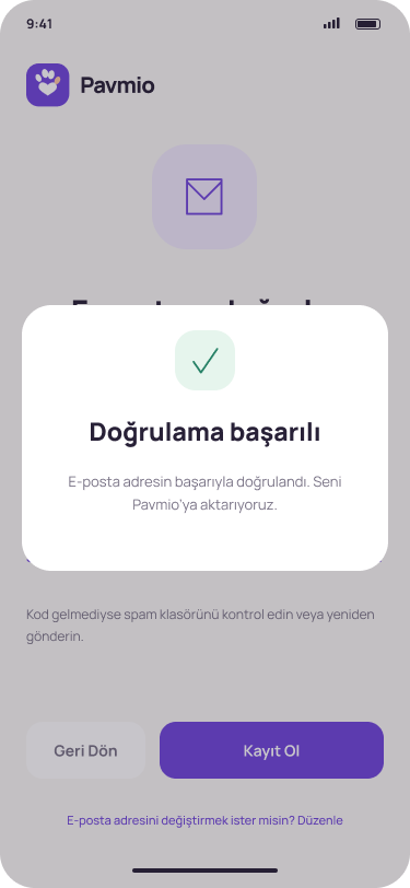 Pavmio E-posta doğrulandı ekranı