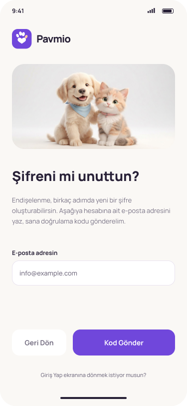 Pavmio Şifremi unuttum ekranı