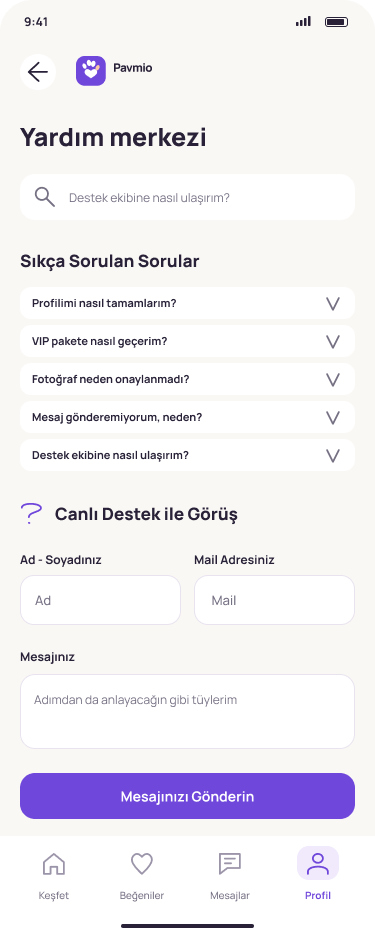 Pavmio Yardım merkezi ekranı