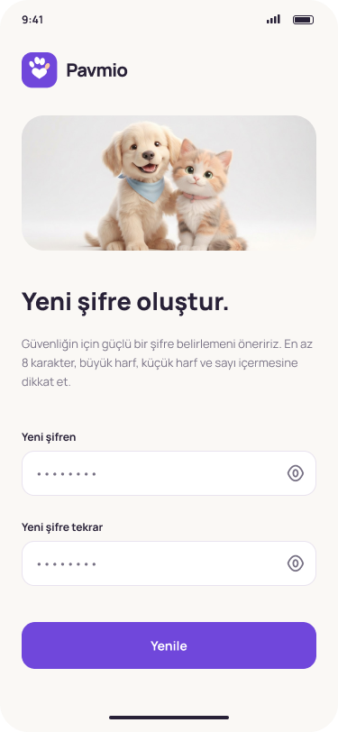 Pavmio Yeni şifre ekranı