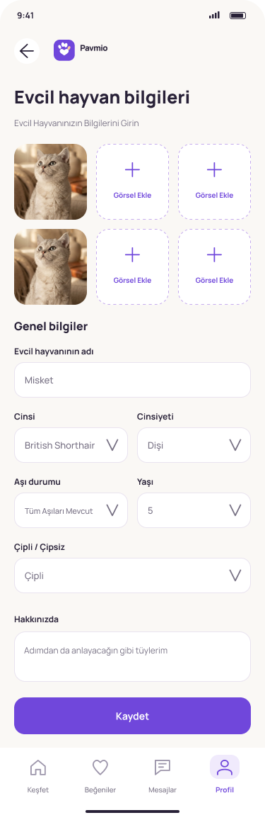 Pavmio Hayvan profili ekranı