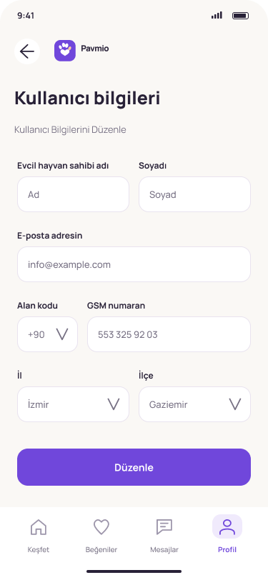Pavmio Profili düzenle ekranı