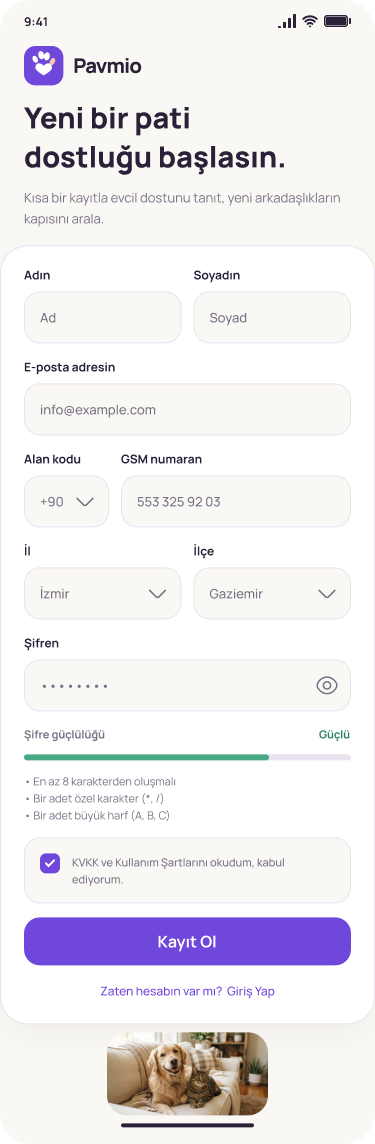 Pavmio Kayıt ekranı